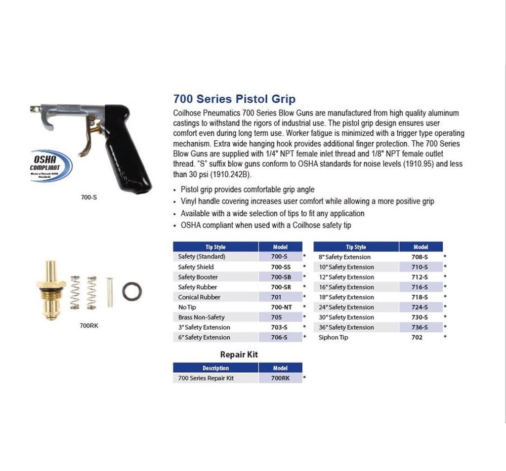 700-S COILHOSE BLOW GUN 1/4" NPT 150PSI 1/8" NOZZLE PISTOL GRIP
